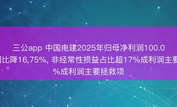 三公app 中国电建2025年归母净利润100.07亿元同比降16.75%, 非经常性损益占比超17%成利润主要拯救项